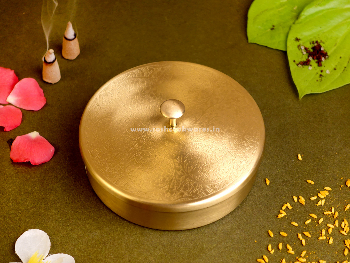 Spice Box - Pooja Box - Brass - Mat Finish - Floral .