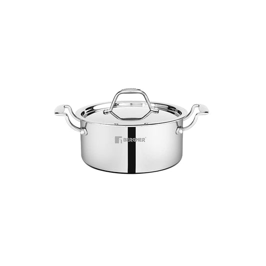 Bergner Argent-Mini Triply Stainless Steel Cook and Serve Casserole/Biryani Pot/Handi with Steel Lid, 18 cm, Induction Bottom, Gas Ready, Silver