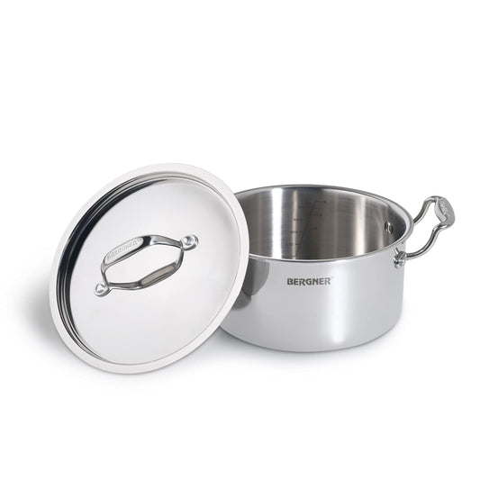 BERGNER Argent Tri-Ply Stainless Steel Casserole With Stainless Steel Lid (20 Cm, Induction Base, Silver), Non-Stick, 3.1 liter