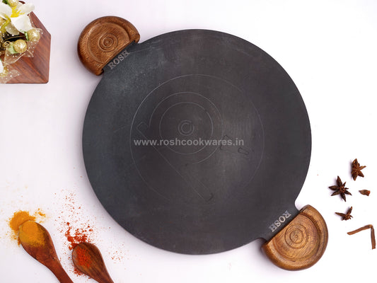 Dosa Tawa - Round - (Dhandavalakal) - Paper Roast Tawa - Wooden Handle . Curve.