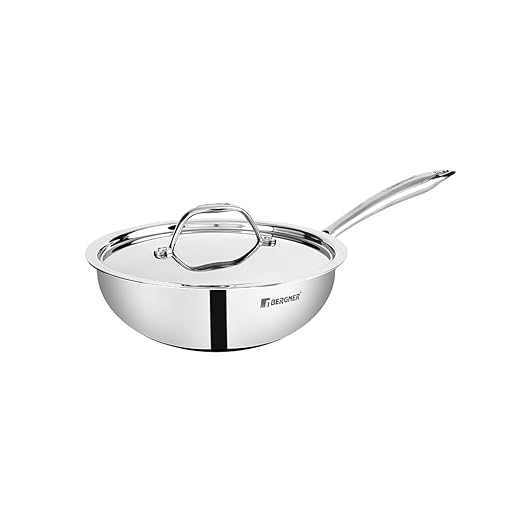 Bergner Argent Triply Stainless Steel Wok/ Chinese Kadai with Stainless Steel Lid, 22 cm, 2.2 Litres, Induction and Gas Ready, Heavy Bottom, Ergonomic Cast Handle, Silver