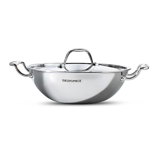 Bergner Argent Tri-Ply Stainless Steel Kadhai with Stainless Steel lid (28 cm, 3.9 Liters, Induction Base, Silver)