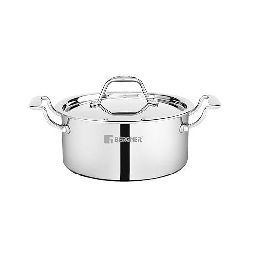 Bergner Argent Tri-Ply Stainless Steel Casserole with Stainless Steel Lid (24 cm, 5.3 Litres, Induction Base, Silver)