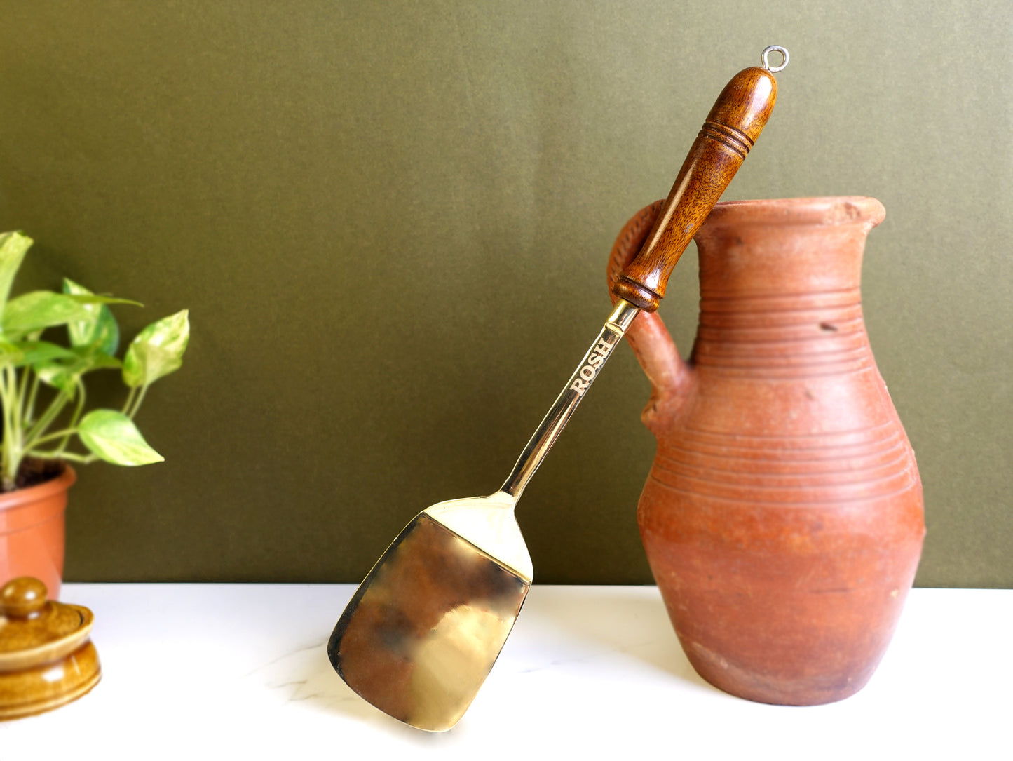 Laddle - Wooden Handle - Bronze - Vintage Style. (Dosa Karandi) .