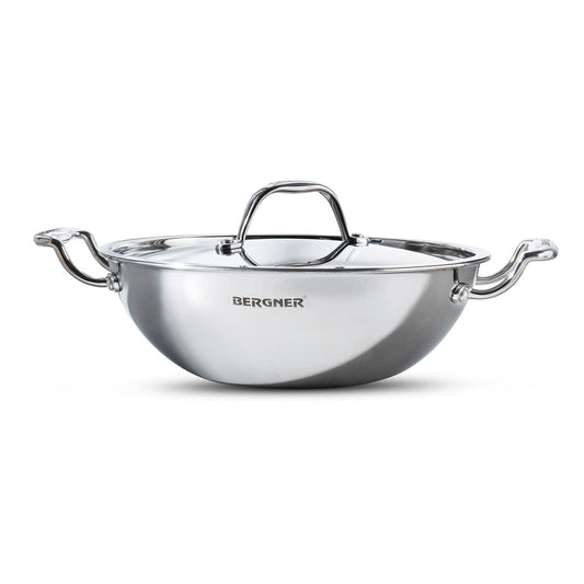 Bergner Argent Tri Ply Stainless Steel Kadhai with Stainless Steel lid (22 cm, 2.1 Liters, Induction Base, Silver)