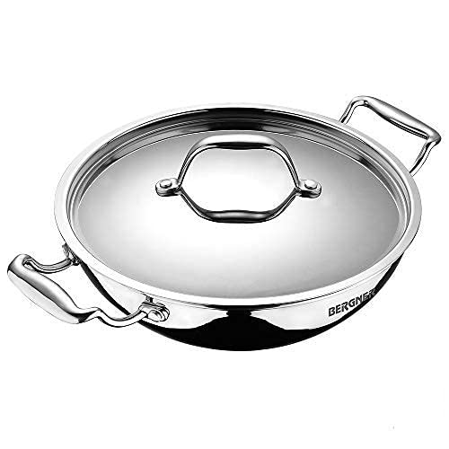 Bergner Argent Triply Stainless Steel Deep Kadai/Indian Wok with Steel Lid, 22 cm, 2.8 Ltrs, Ergonomic Designed Sturdy Handle, Even & Fast Heating, Induction Bottom, Gas Ready, Silver