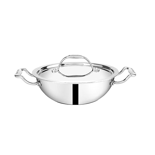 Bergner Argent Tri-Ply Stainless Steel Deep Kadhai with Stainless Steel lid (24 cm, 3.8 Liters, Induction Base, Silver), Standard (BGIN-1543)