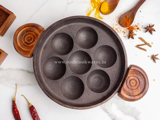 Paniyaram Pan - 7 Pit - Round - Induction Base . Premium Wooden Handle .