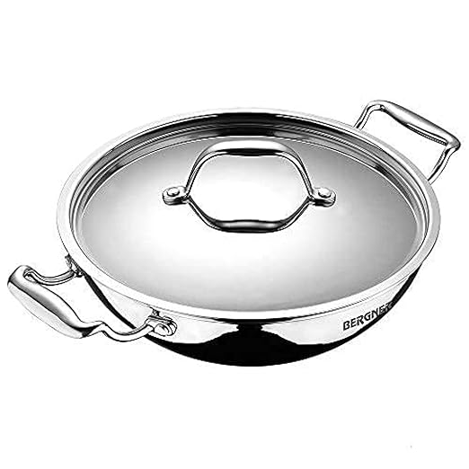 Bergner Argent Tri-Ply Stainless Steel Deep Kadhai with Stainless Steel lid (28 cm, 5.7 Liters, Induction Base, Silver), Standard (BGIN-1545)