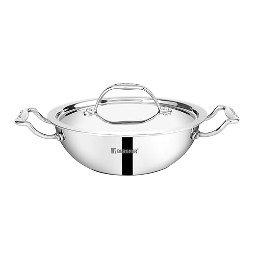 Bergner Argent Triply Stainless Steel Kadai/ Indian Wok with Stainless Steel Lid, 26 cm, 3.5 Litres, Induction and Gas Ready, Heavy Bottom, Ergonomic Cast Handles, Silver