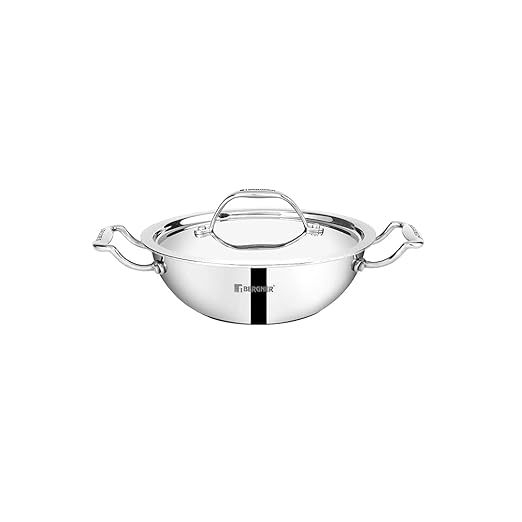 Bergner Argent-Mini Triply Stainless Steel Kadai/Indian Wok with Steel Lid, 16 cm, Induction Bottom, Gas Ready, Silver
