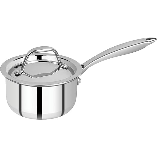 Bergner Argent-Mini Premium Triply Stainless Steel Saucepan/ Tea Pan with Lid, 12 cm, 0.8 Litres, Durable Stay Cool Cast Handles, Flared Rim, Heavy Bottom, Induction and Gas Ready, Silver