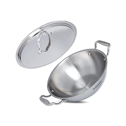 Bergner Argent Tri-Ply Stainless Steel Deep Kadhai with Stainless Steel lid (26 cm, 4.5 Liters, Induction Base, Silver), Standard (BGIN-1544)