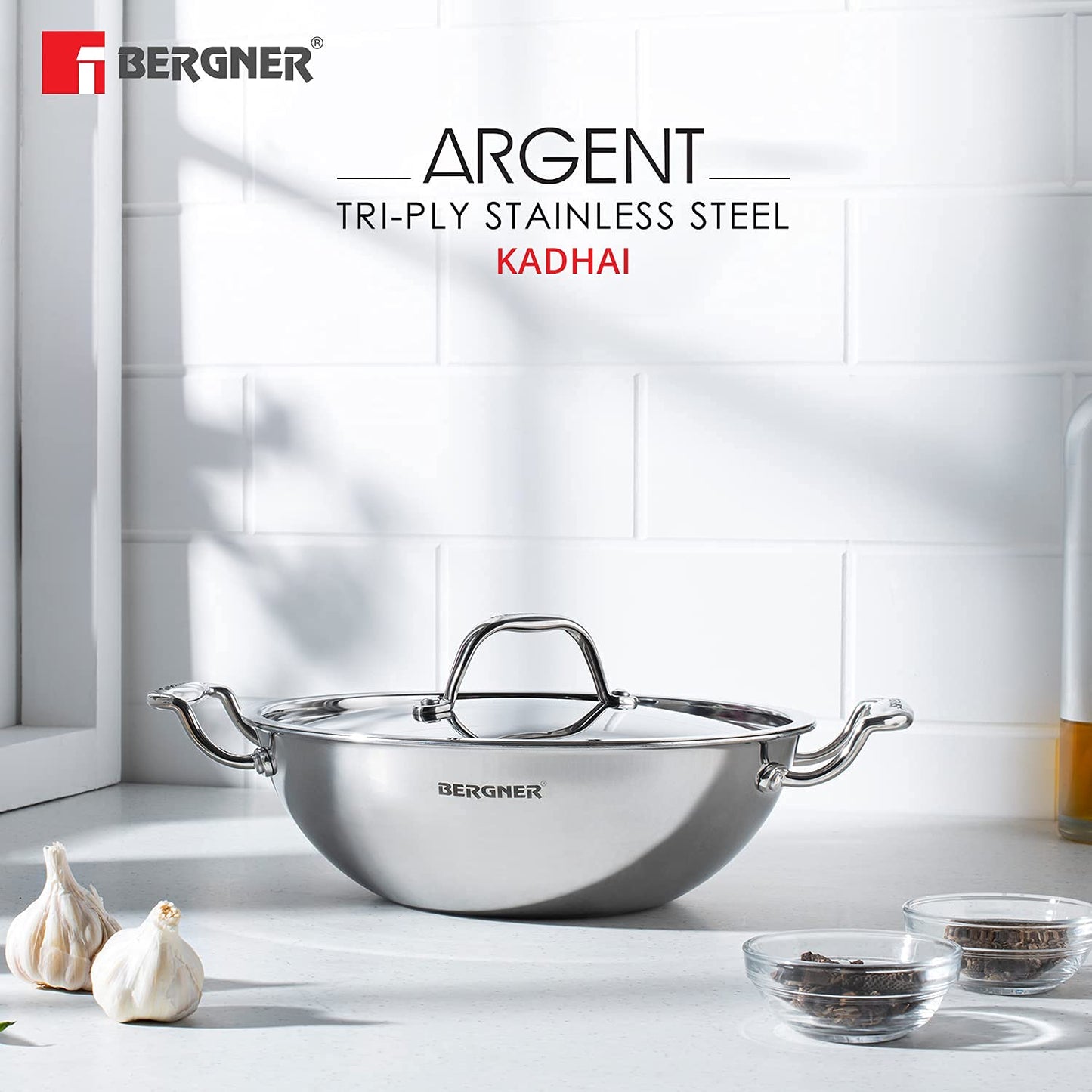 Bergner Argent Triply Stainless Steel Deep Kadai/Indian Wok with Steel Lid, 22 cm, 2.8 Ltrs, Ergonomic Designed Sturdy Handle, Even & Fast Heating, Induction Bottom, Gas Ready, Silver