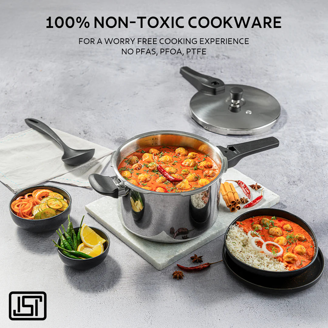 Tramontina Aeion+ 2.5L Triply Pressure Pan | Outer Lid | Healthy Stainless Steel Cooker | PFAS, PFOA, PTFE Free | 4-Layer Safety | Side Helper Handle | Induction Friendly | 5-Year Warranty*