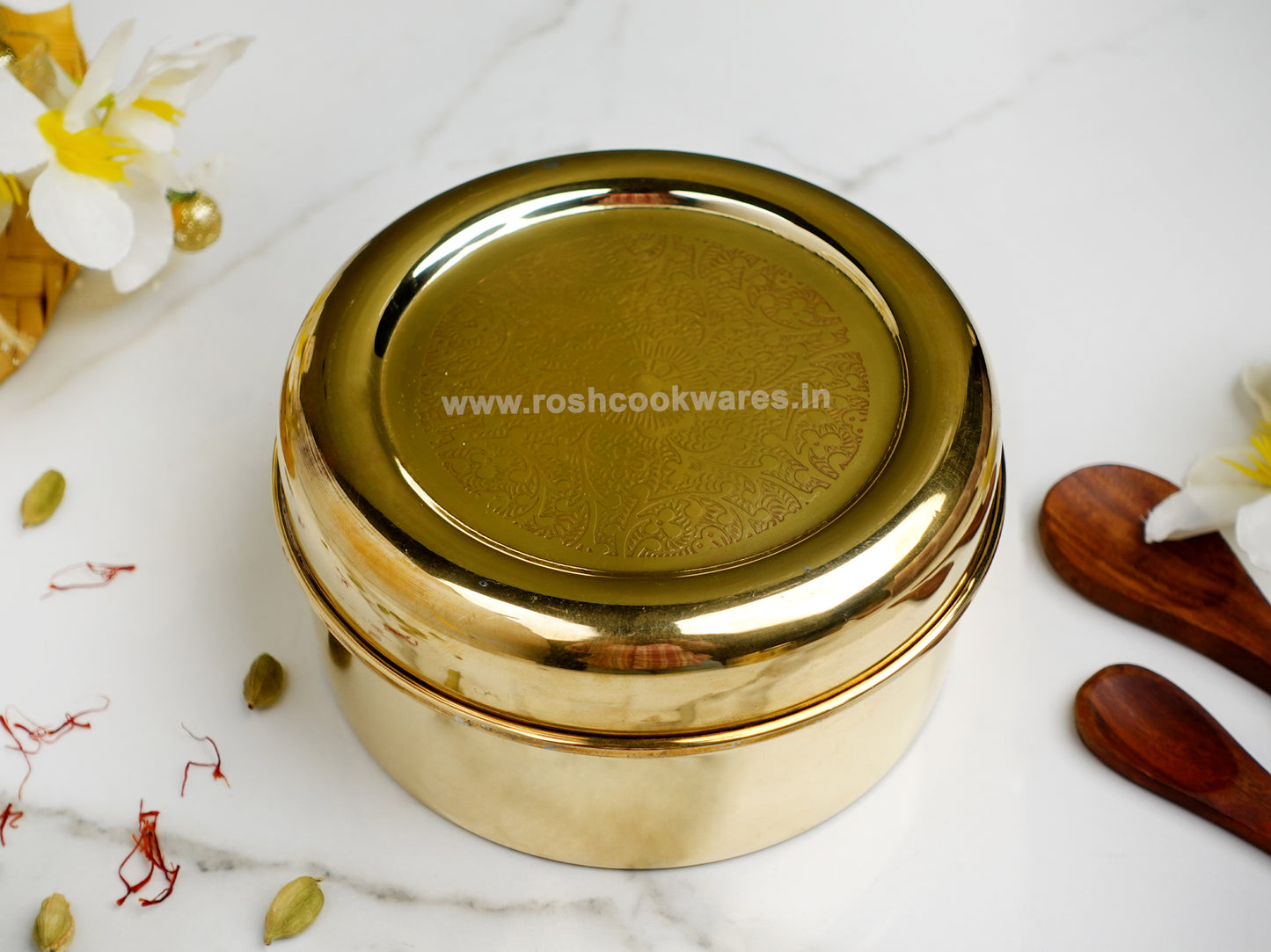 Brass Tiffin Box -  Multistorage Box - Tin Coated - Floral Emboss - Premium