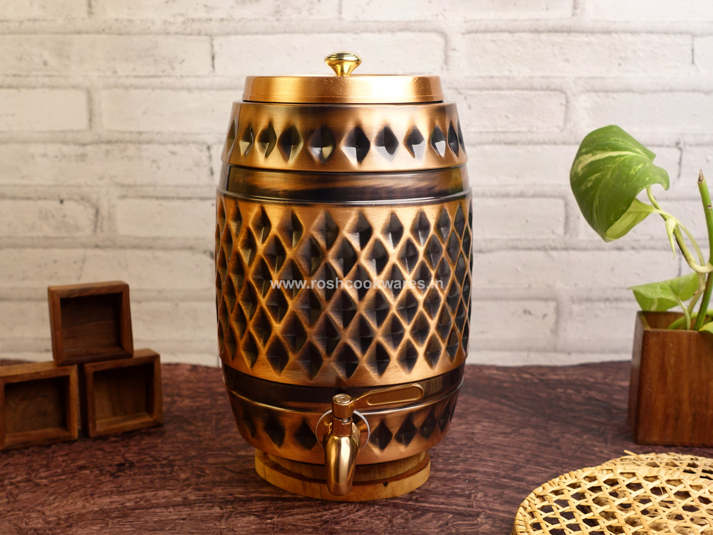 Copper Water Tank - 5 Ltr - Barrel Self Print Diamond.