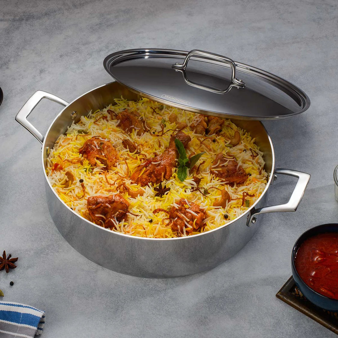 TRAMONTINA Stainless Steel Aeion Triply 30Cm/6.2L Casserole With Ss 304 Lid Healthy, Non Toxic Stock Pot Biryani Sauce Stay Cool Handle 10 Year Warranty, Glossy Finish, 6.2 Liter, Silver