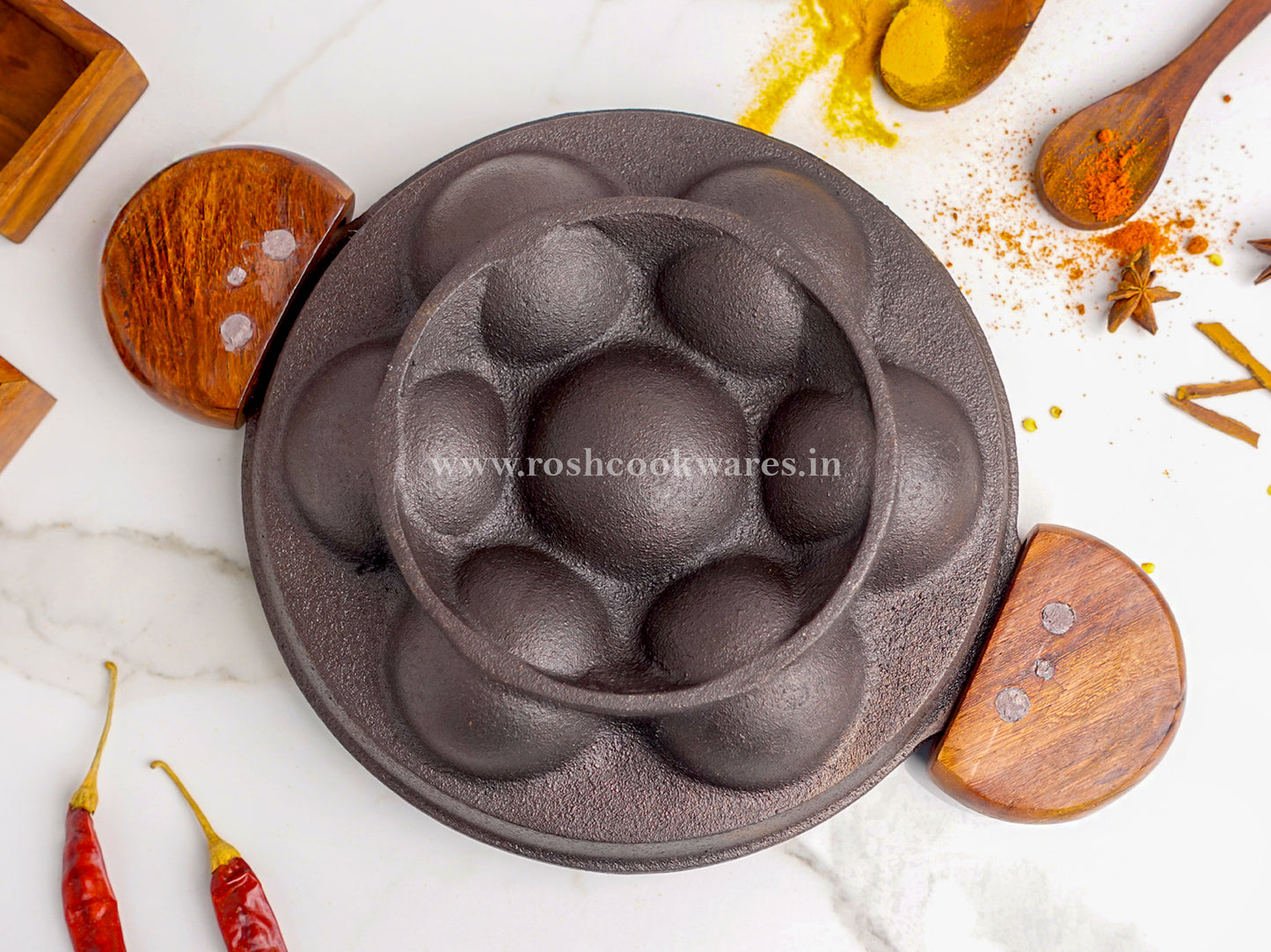 Paniyaram Pan - 7 Pit - Round - Induction Base . Premium Wooden Handle .