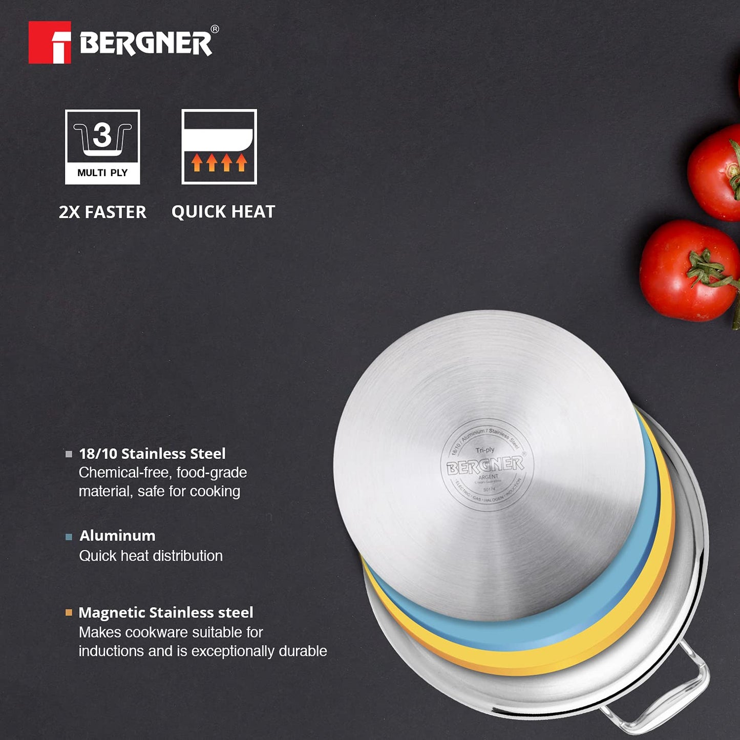 Bergner Argent Tri Ply Stainless Steel Casserole with Stainless Steel Lid (28 cm, 8.3 Litres, Induction Base, Silver)
