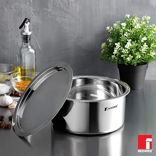 Bergner Argent Triply Stainless Steel Tope, Patila/Bhagona/Tapeli with Stainless Steel Lid, 20 cm, 3.1 litres, Induction Base, Silver, Gas Ready