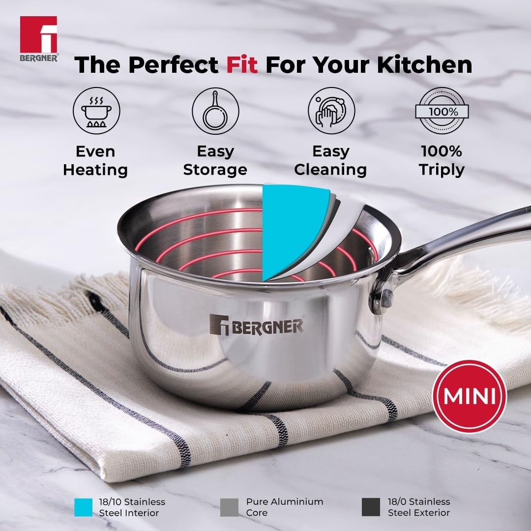 Bergner Argent-Mini Premium Triply Stainless Steel Saucepan/ Tea Pan with Lid, 12 cm, 0.8 Litres, Durable Stay Cool Cast Handles, Flared Rim, Heavy Bottom, Induction and Gas Ready, Silver