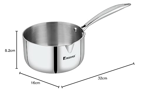 Bergner Argent Triply Stainless Steel Saucepan/Milkpan, 16 Cm, Induction  Base, Silver,Polished Metal, 1.7 Liter