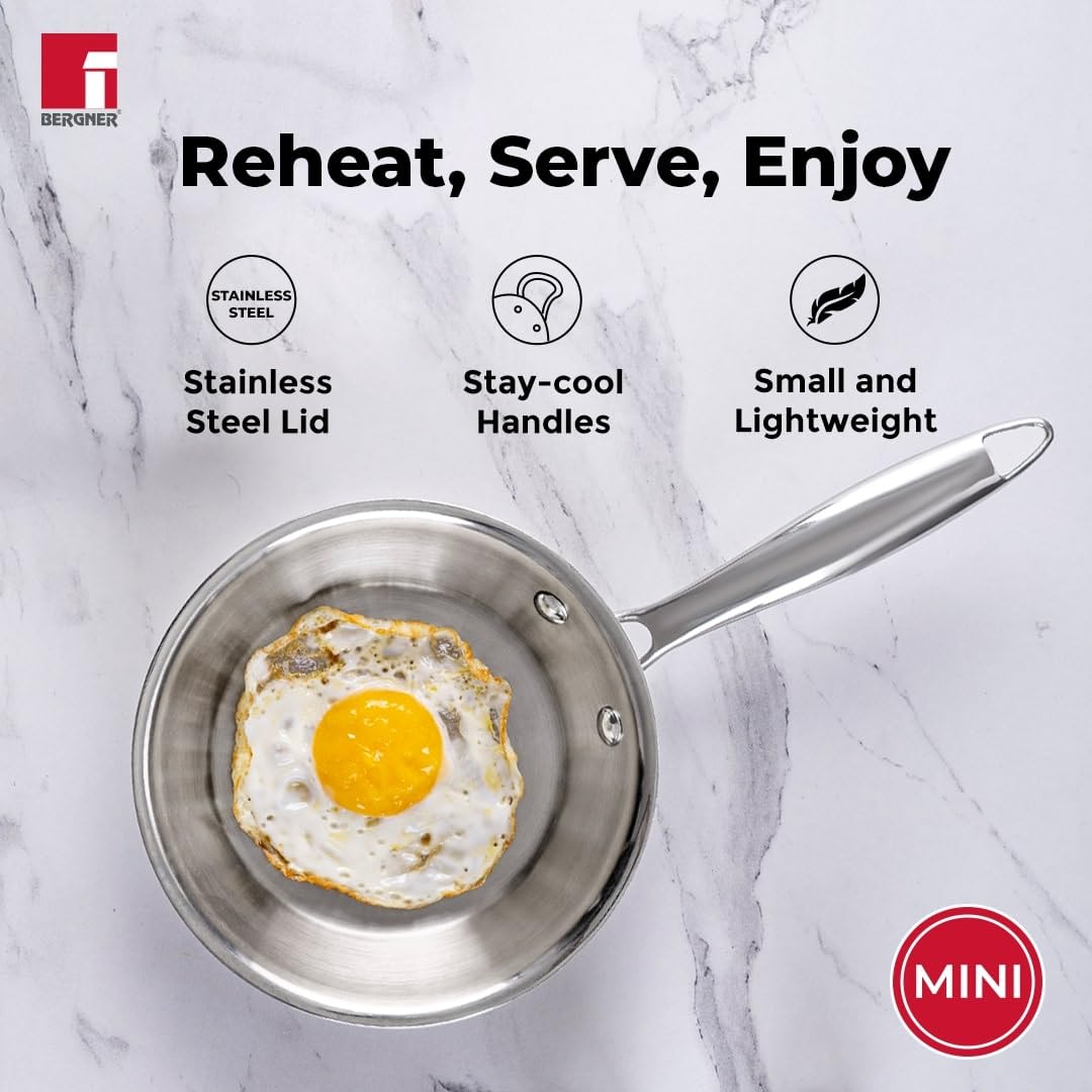 Bergner Argent-Mini Triply Stainless Steel Frypan Without Lid, 18 cm, Ergonimic Design Sturdy Handle, Induction Bottom, Gas Ready, Silver