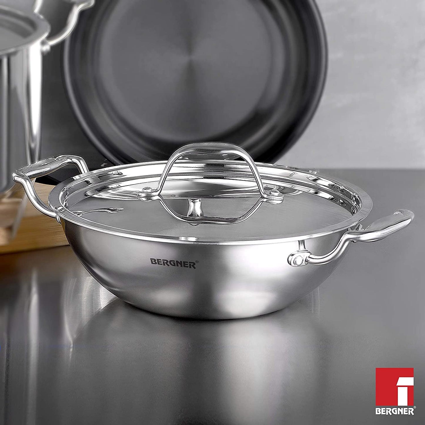 Bergner Argent Triply Stainless Steel Deep Kadai/Indian Wok with Steel Lid, 22 cm, 2.8 Ltrs, Ergonomic Designed Sturdy Handle, Even & Fast Heating, Induction Bottom, Gas Ready, Silver