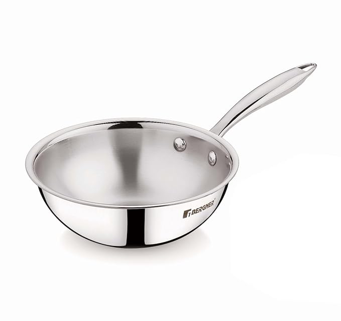 Bergner Argent-Mini Triply Stainless Steel Wok/Chinese Kadai, 18 cm, Induction Bottom, Gas Ready, Silver