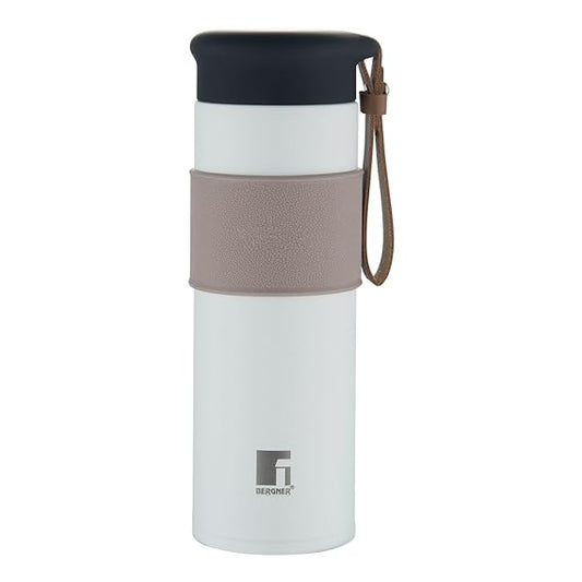 Bergner Walking Thermosteel Hot and Cold Bottle, 450 ml, White | Vacuum Insulated | Rust Proof | Leak Proof | Tea | Coffee | Juice