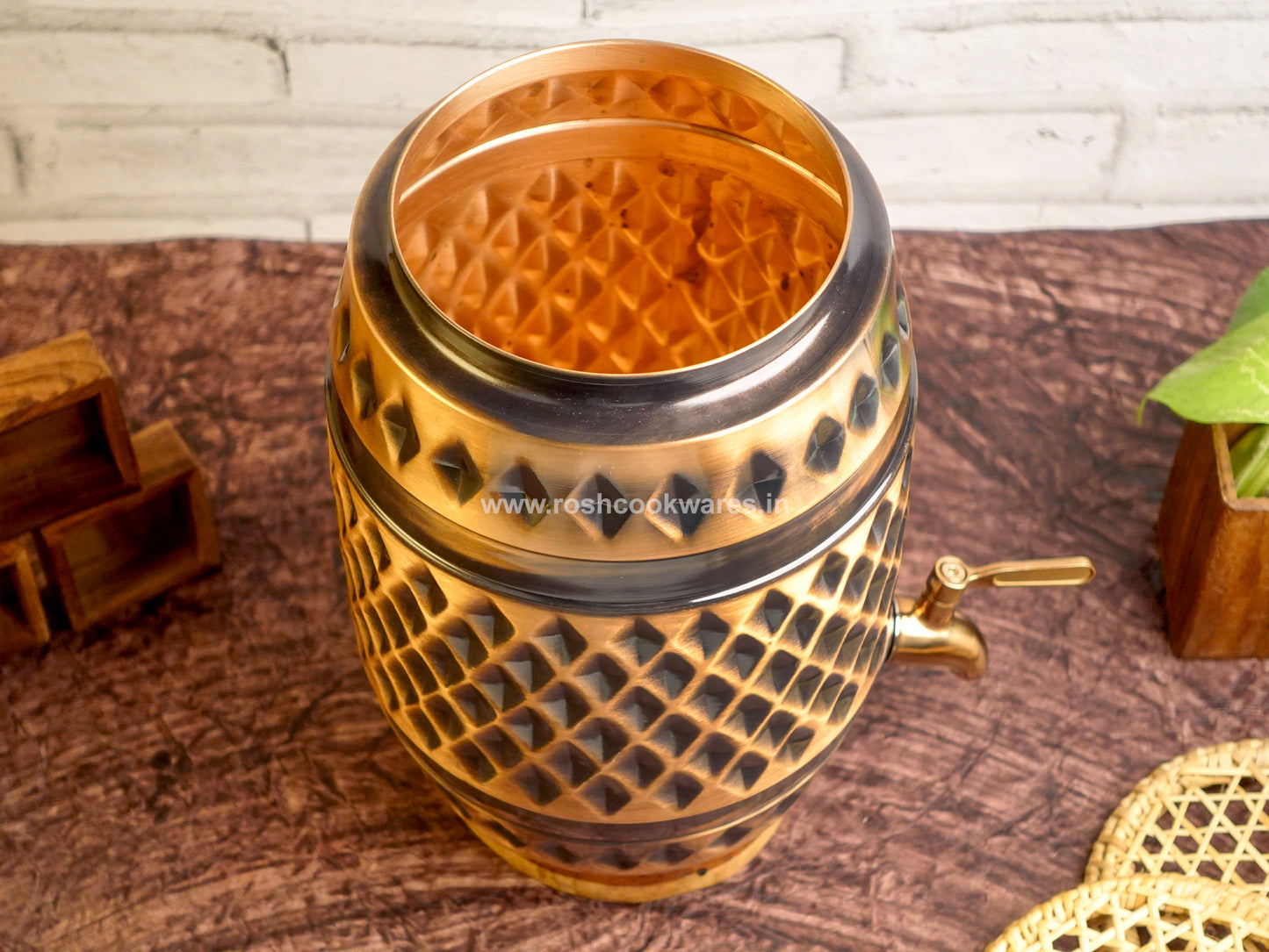 Copper Water Tank - 5 Ltr - Barrel Self Print Diamond.