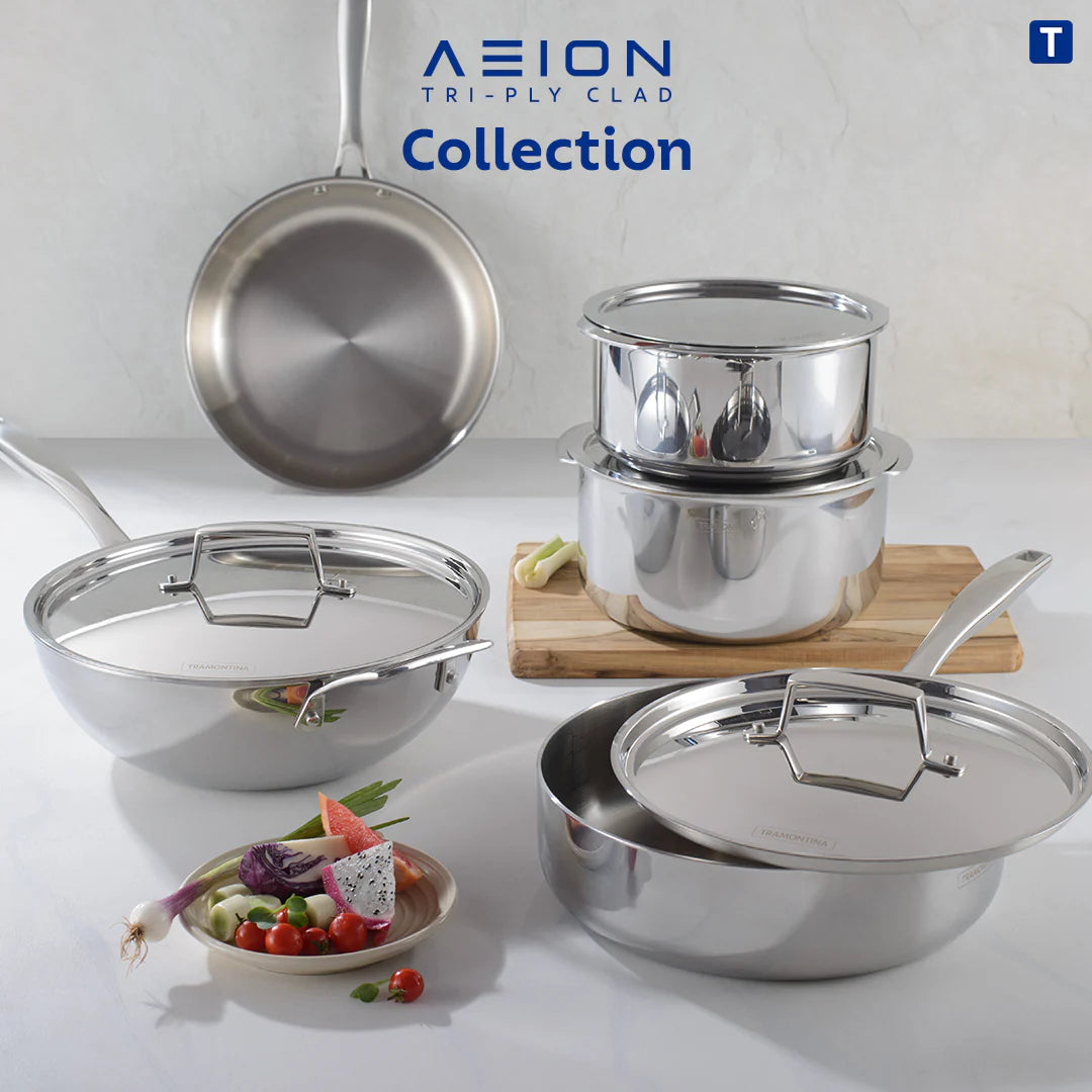 Tramontina Aeion Triply Stainless Steel Deep Kadai with Lid 22cm/3.0 L Non Toxic Induction Friendly, 10 Year Warranty