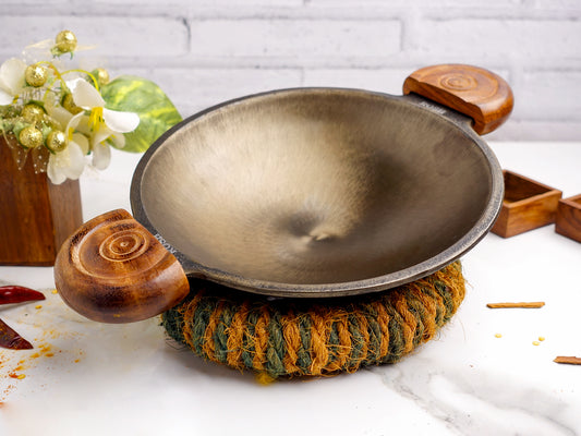 Appam Pan - Cast Iron - Grinded - Wooden Handles .