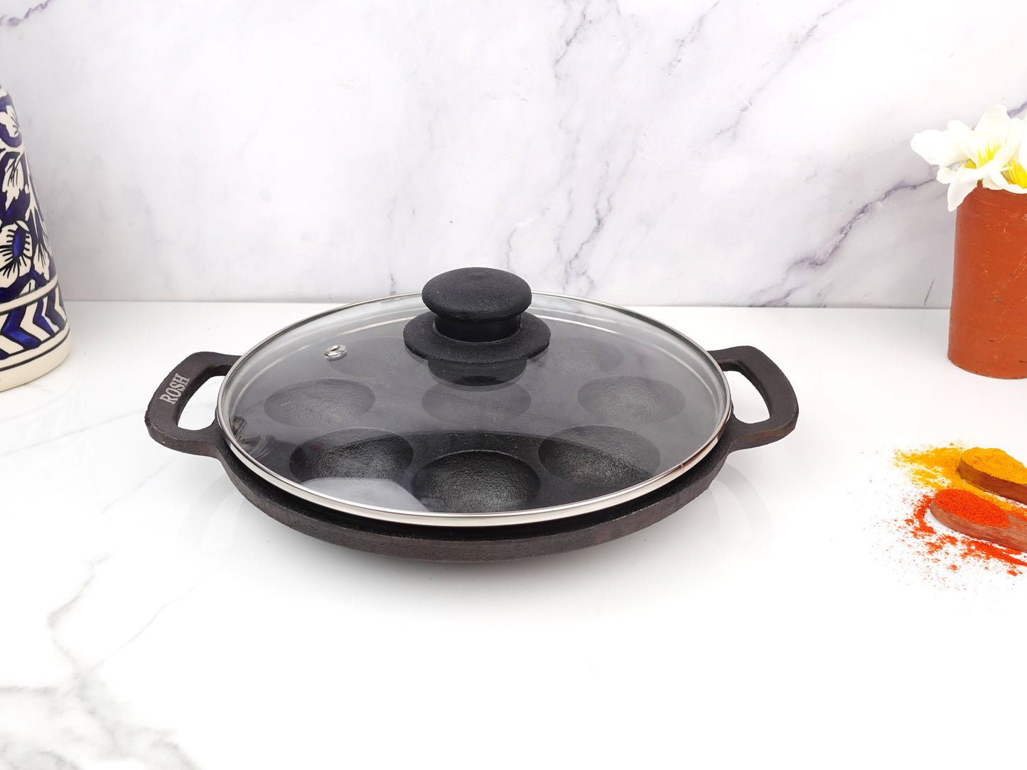 Paniyaram Pan - Cast Iron - Full Flat Base - 9 Pit - With Lid.