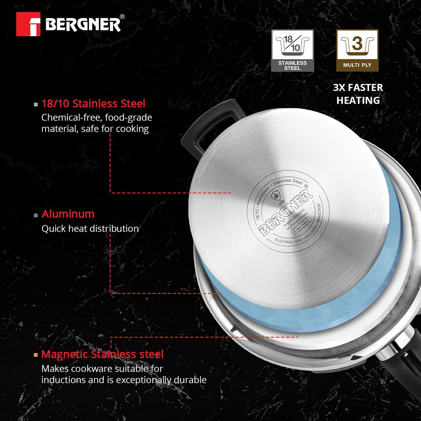 Bergner Argent Elements Tri-Ply Stainless Steel Unpressure Cooker With Outer Lid (3.5 Ltrs., Silver), 3.5 Liter