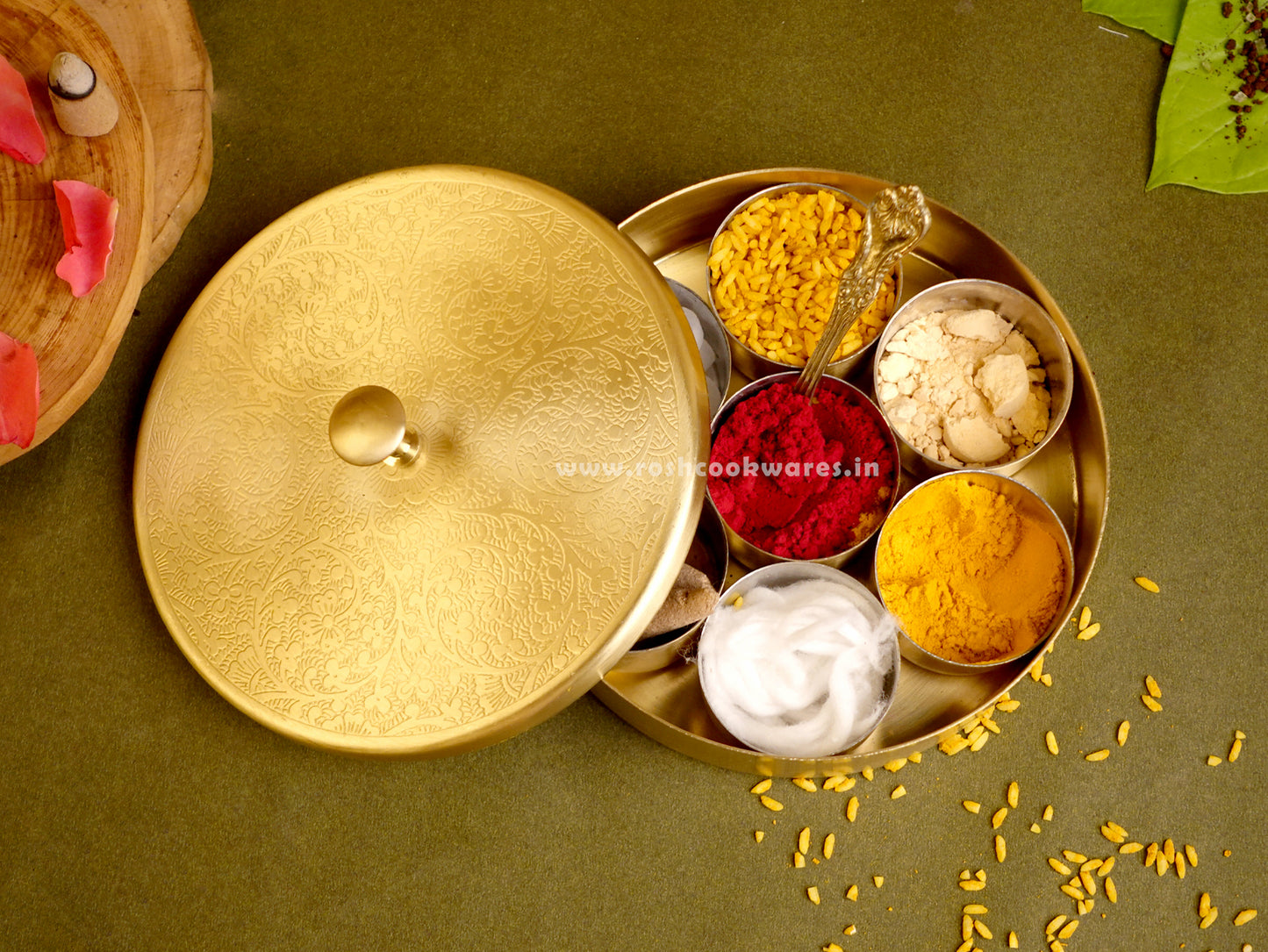 Spice Box - Pooja Box - Brass - Mat Finish - Floral .