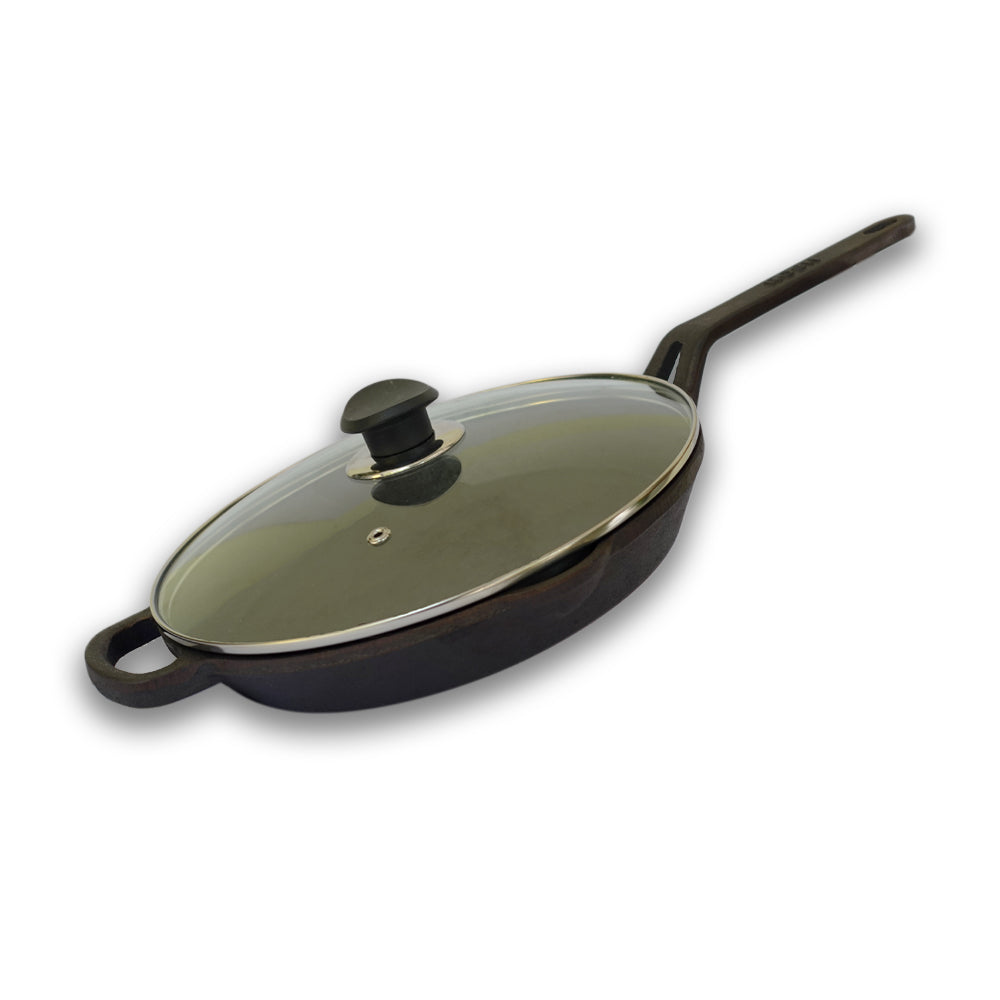 Combo Offer -6 - Skillet - With Lid - Elevated Handle - Rosh - Modern Style. & Fish Fry Tawa - Cast Iron - Rosh Multi Fry Pan - 10 Inch - Grinded .