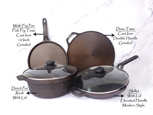 Combo Offer -11 - Dutch Pot - Rosh - With Lid , Fish Fry Tawa - Cast Iron - Rosh Multi Fry Pan - 10 Inch , Dosa Tawa - Cast Iron - Double Handle - Grinded & Skillet - With Lid - Elevated Handle - Rosh - Modern Style.