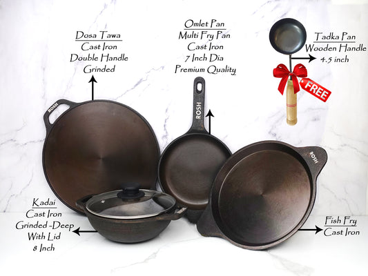 Combo Offer - 21 - Fish Fry Pan - Cast Iron - Omlet Pan - Multi Fry Pan - Cast Iron - 7 Inch Dia - Premium Quality - Dosa Tawa - Cast Iron - Double  Handle - Grinded - Kadai Cast Iron - Grinded Deep - 8 Inch With Lid .