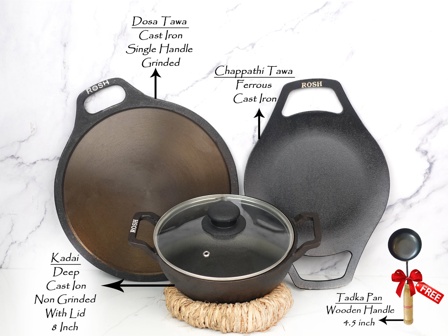 Combo Offer  -16 - Dosa Tawa - Cast Iron - Single Handle - Grinded - Chappathi Tawa Ferrous - Cast Iron -  Deep Kadai Cast Iron - Non Grinded - 8 Inch Dia - With Lid .