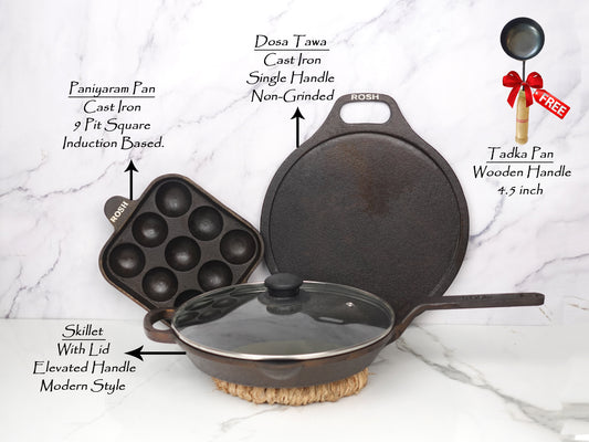 Combo Offer -17- Dosa Tawa - Cast Iron - Single Handle - Non Grinded - Paniyaram Pan Cast Iron - 9 Pit Square Induction Based. Premium - Skillet - With Lid - Elevated Handle - Rosh - Modern Style.