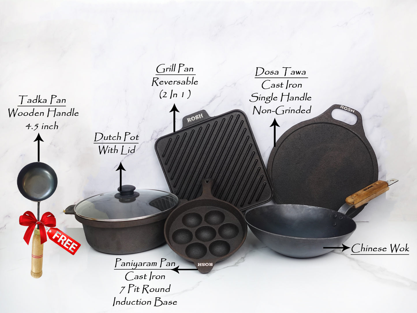 Combo  Offer - 19 - Dosa Tawa - Cast Iron - Single Handle - Non Grinded -Grill Pan - Reversable.  (2 In 1 ) -  Paniyaram Pan Cast Iron - 7 Pit Round Induction Base. Long Handle -  Chinese Wok -  Dutch Pot - Rosh - With Lid .